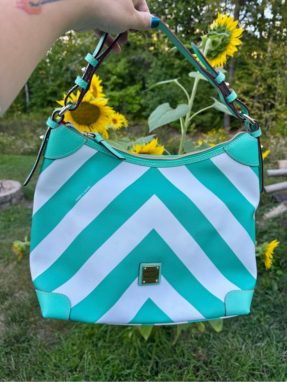Dooney & Bourke Teal and White Chevron Shoulder Bag